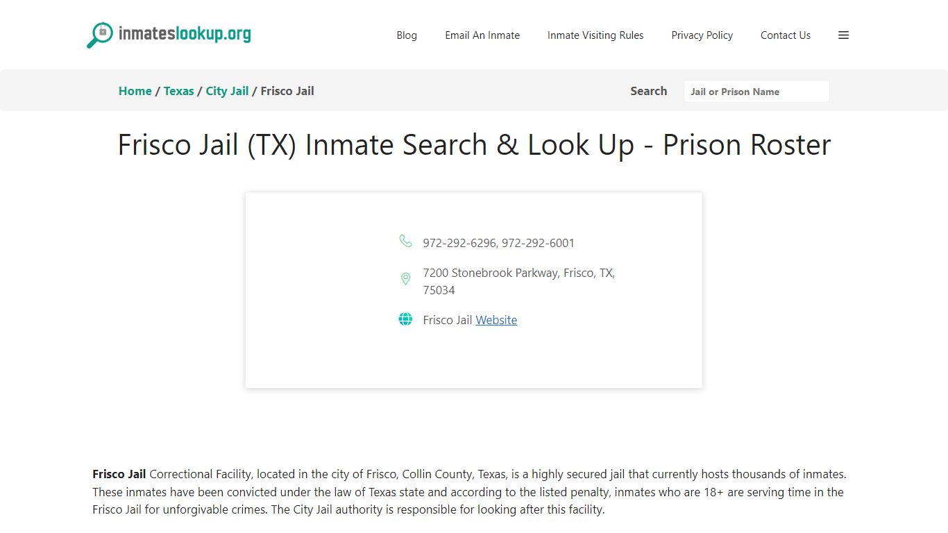 Frisco Jail (TX) Inmate Search & Look Up - Prison Roster